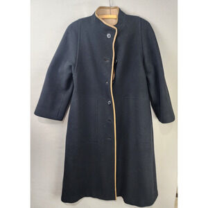 Wool Blend Leather Trimmed Overcoat Women Size 6 Black Buttoned Heavyweight